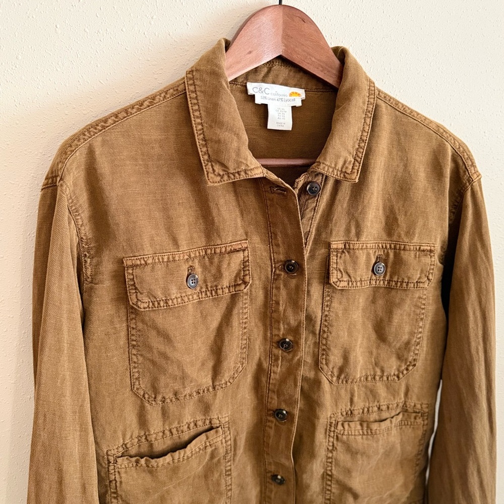 C&C California Cropped Utility Jacket Linen Blend Camel Brown Button Front - Picture 2 of 8